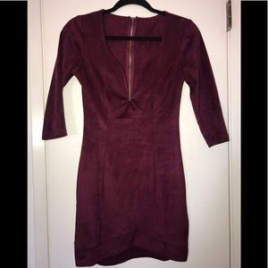 Burgundy tight dress with plunging neckline
